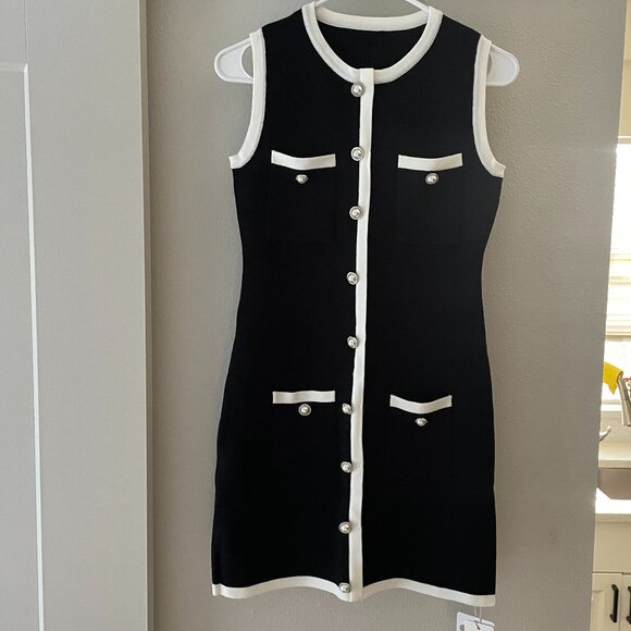 NWT Commense Black/White Contrast Button Sleeveless Mini Sweater Dress - Picture 5 of 13